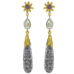 Victor Velyan Amethyst and Pearl Earrings in Yellow Gold