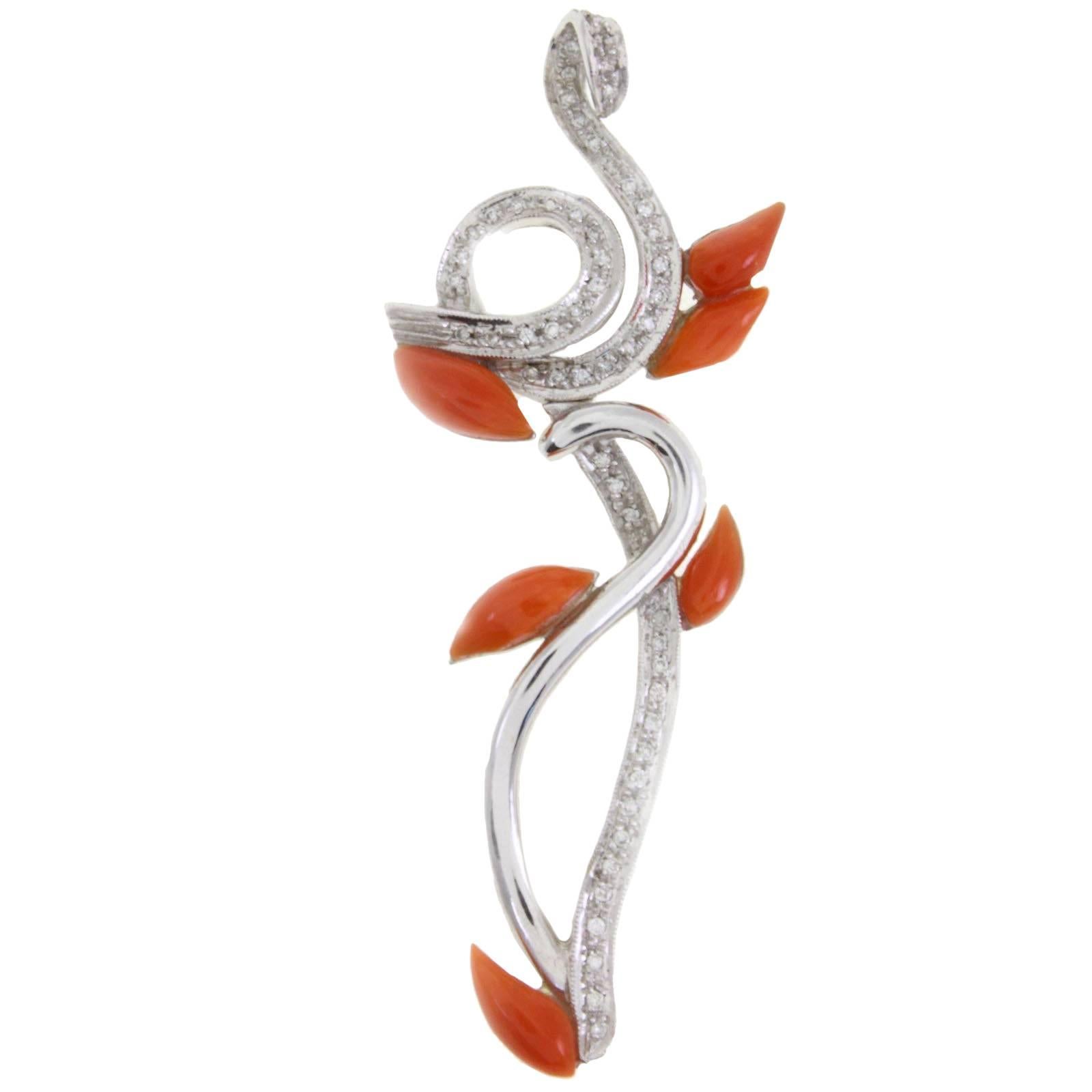 Red Coral Drops, White Diamonds, 14K White Gold Fashion Design Pendant Necklace