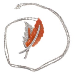 Red/Orange Coral with Leaves Shape,White Diamonds Leave,Gold Pendant Necklace