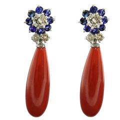 Retro Luise Teardrop Coral Sapphire Diamond Earrings