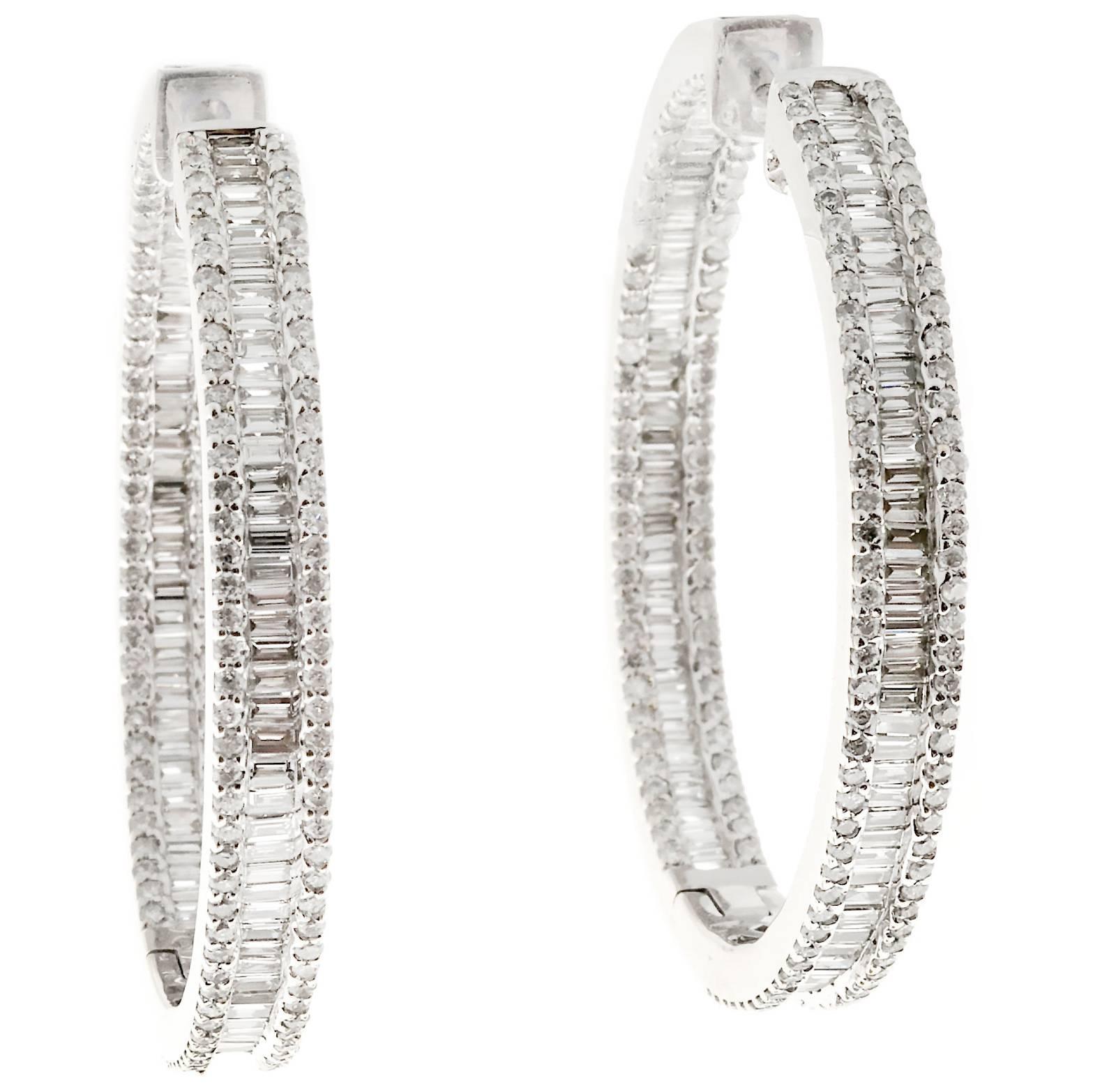 Round Baguette Diamond Inside Out Fold Hoop Earrings 