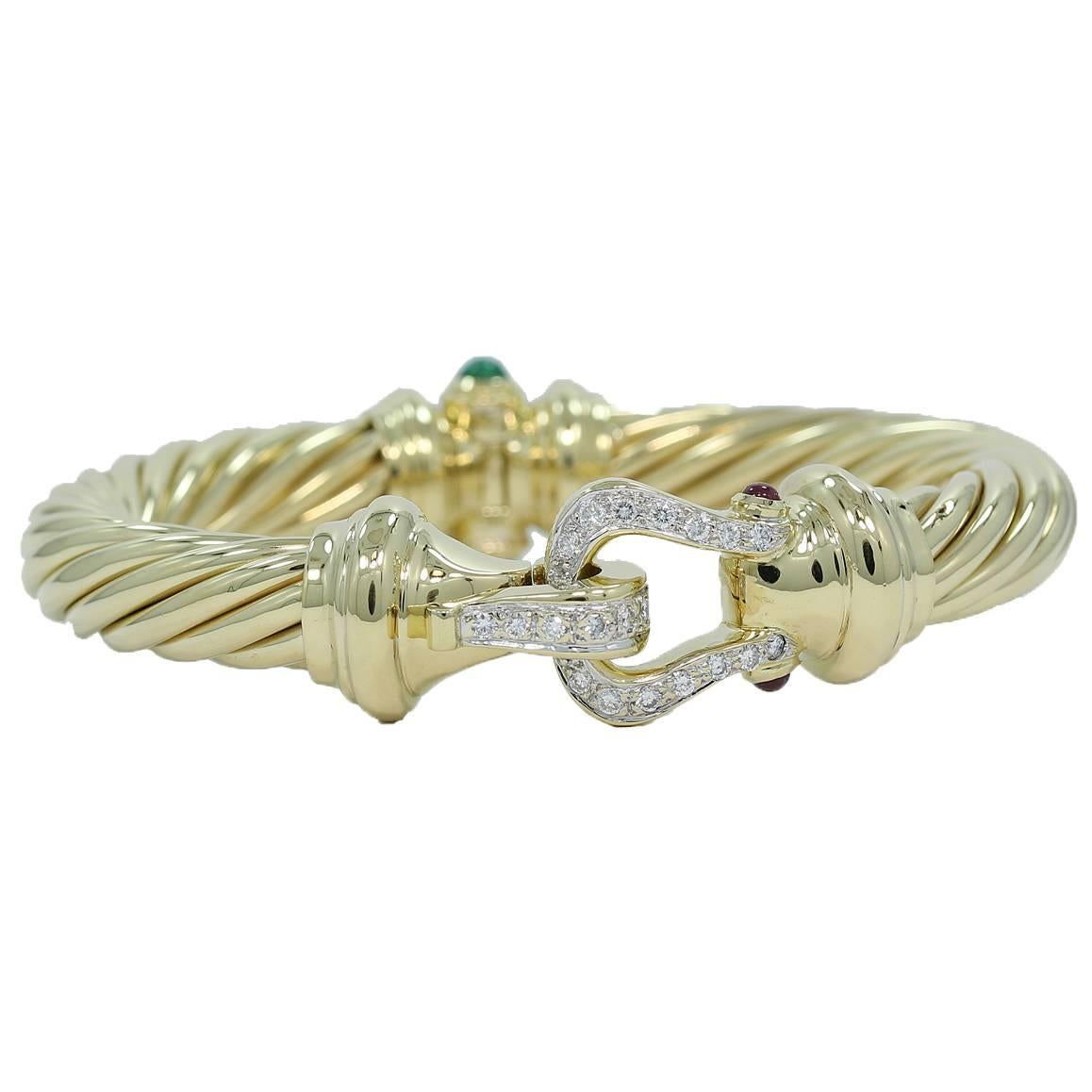 David Yurman Large Cable Classic Buckle Bracelet with Diamonds, Rubies, Emeralds