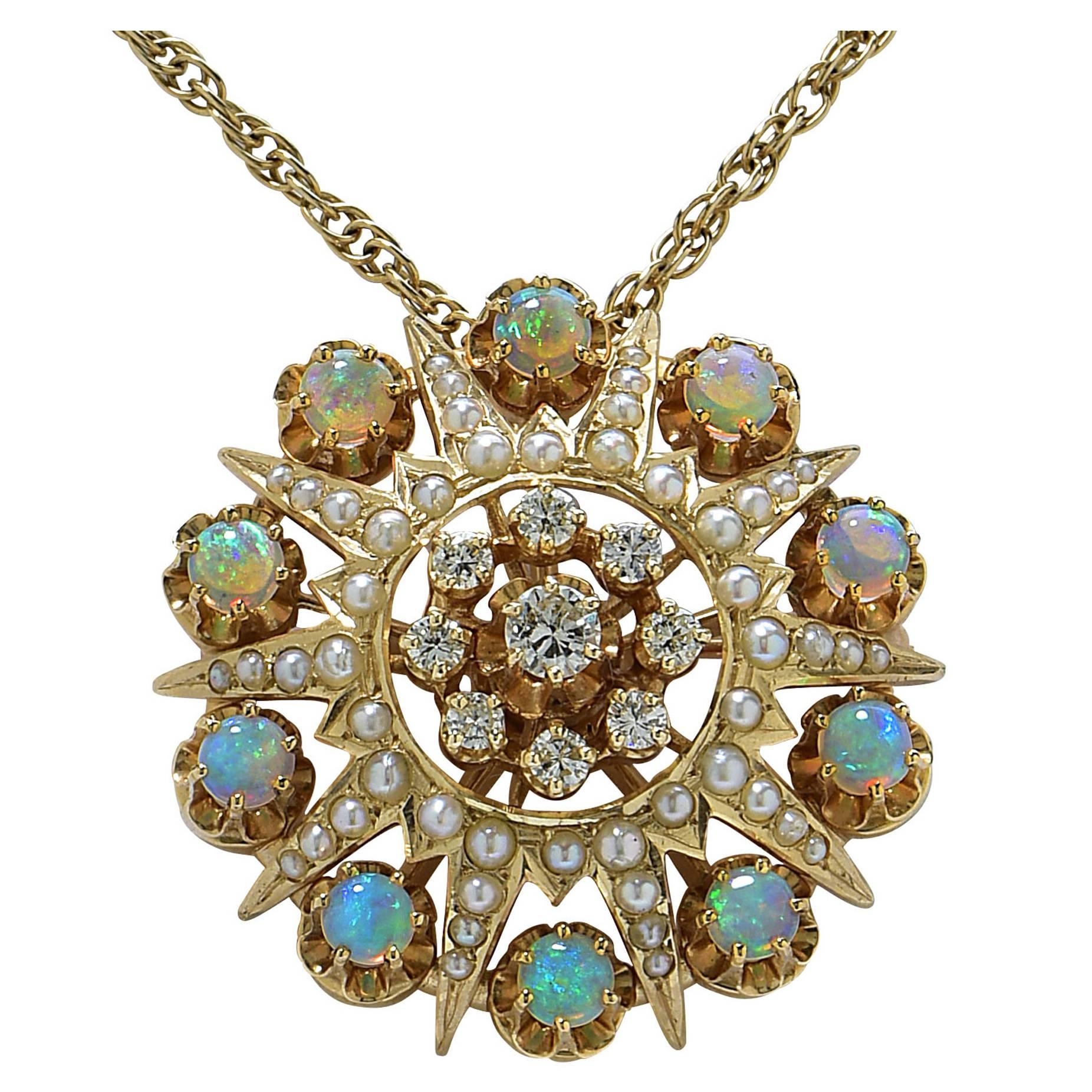 Opal, Seed Pearl and Diamond Necklace Pendant Brooch