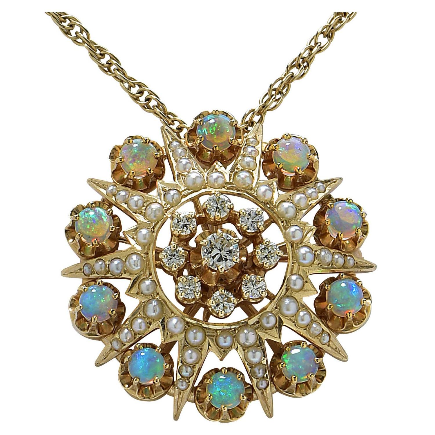 Opal, Seed Pearl and Diamond Necklace Pendant Brooch at 1stdibs