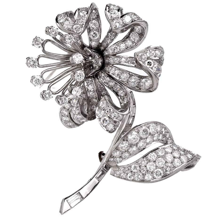 Diamond Flower Platinum Brooch Pin For Sale