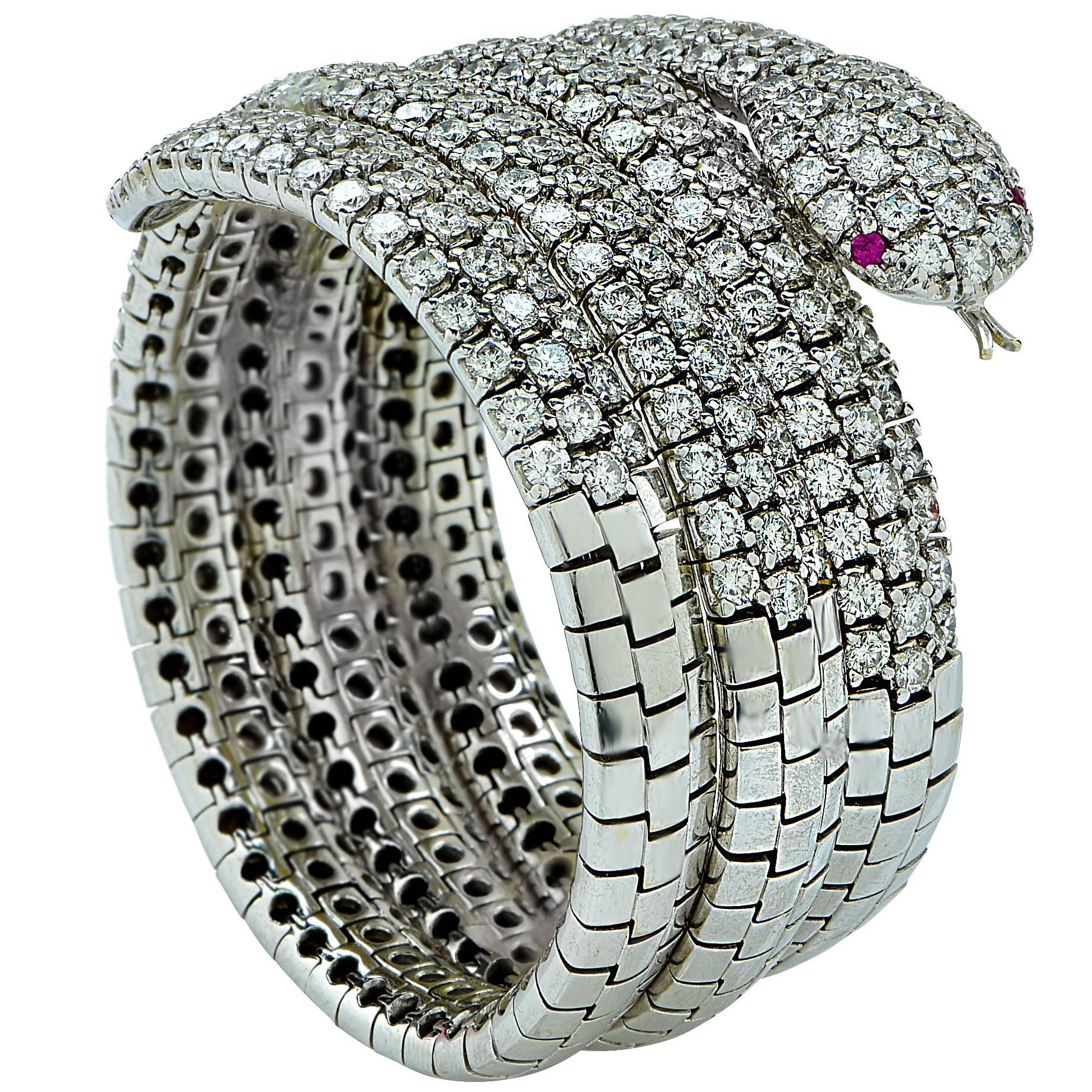 24 Carat Diamond Snake Bangle with Ruby Eyes