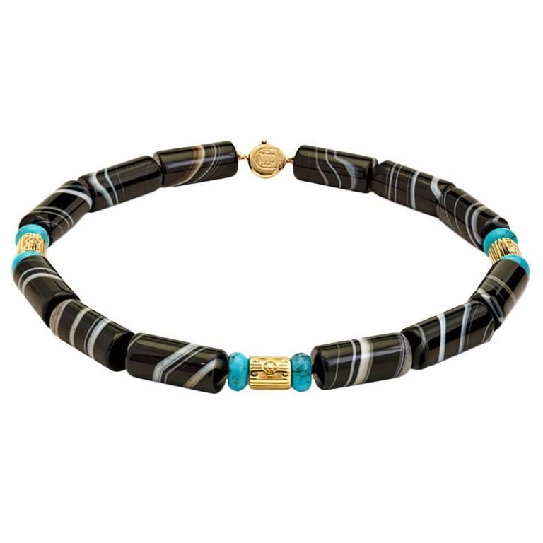 Casa Professa Banded Agate, Turquoise and Gold Necklace