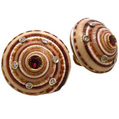 Round Seashells Earrings set with Red Tourmalines and White Diamonds