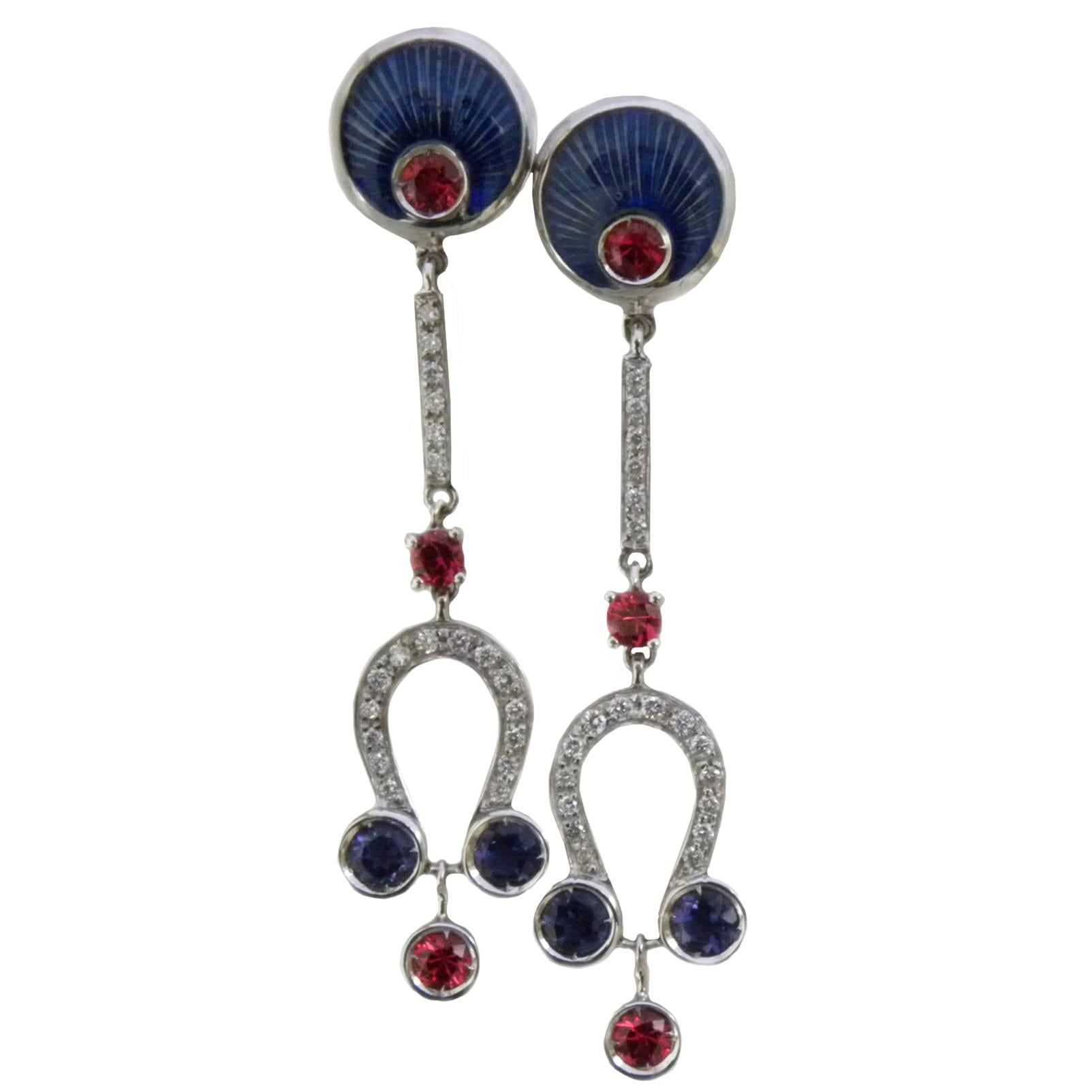 Berca Ruby Iolite White Diamond Art Deco Style Champslevé Enameled Drop Earrings For Sale 1