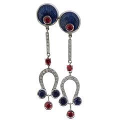 Ruby, Iolite and Diamond Art Déco Champsleve Enamel Drop Earrings 9
