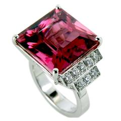 Unique Natural Square Cut Red Tourmaline and Diamond Ring 3