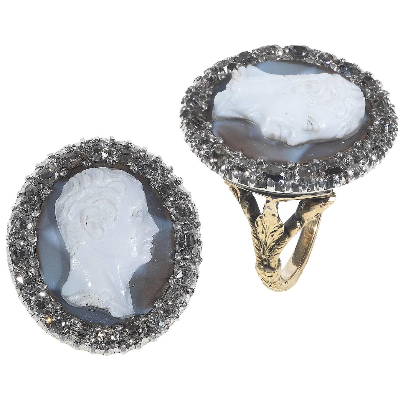 Antique Renaissance 17th Century Diamond Onyx Cameo Ring of Catullo