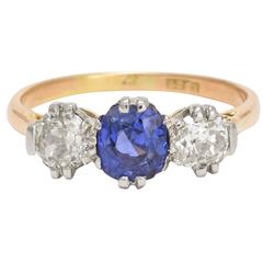 Victorian Cornflower Sapphire and Diamond Three-Stone Ring