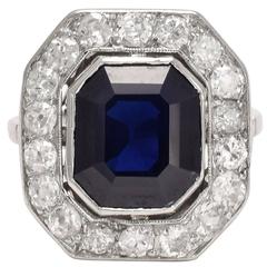 French Antique Sapphire  Diamond Platinum Cluster Ring