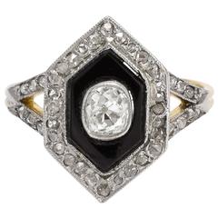 French Antique Diamond and Onyx Hexagal Cocktail Ring