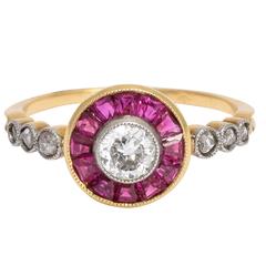 French Art Deco Diamond  Ruby Gold Target Ring