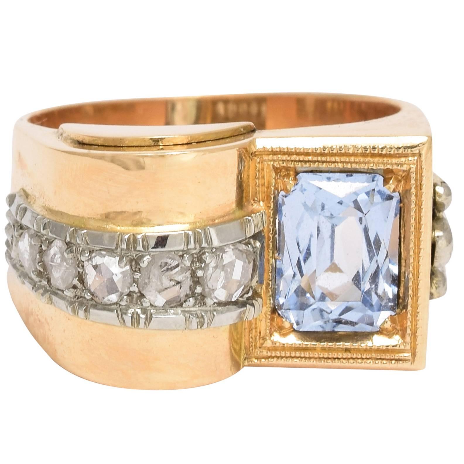 1940s Aquamarine and Diamond Gold Cocktail Ring