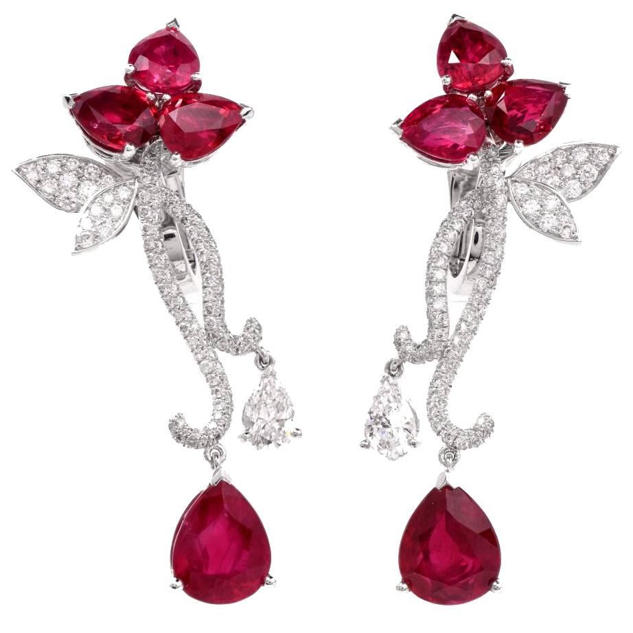 Modern French  Ruby Diamond Flower Earrings