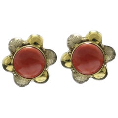 Red Coral Buttons, 18K Yellow Gold Flower Shape Earrings.