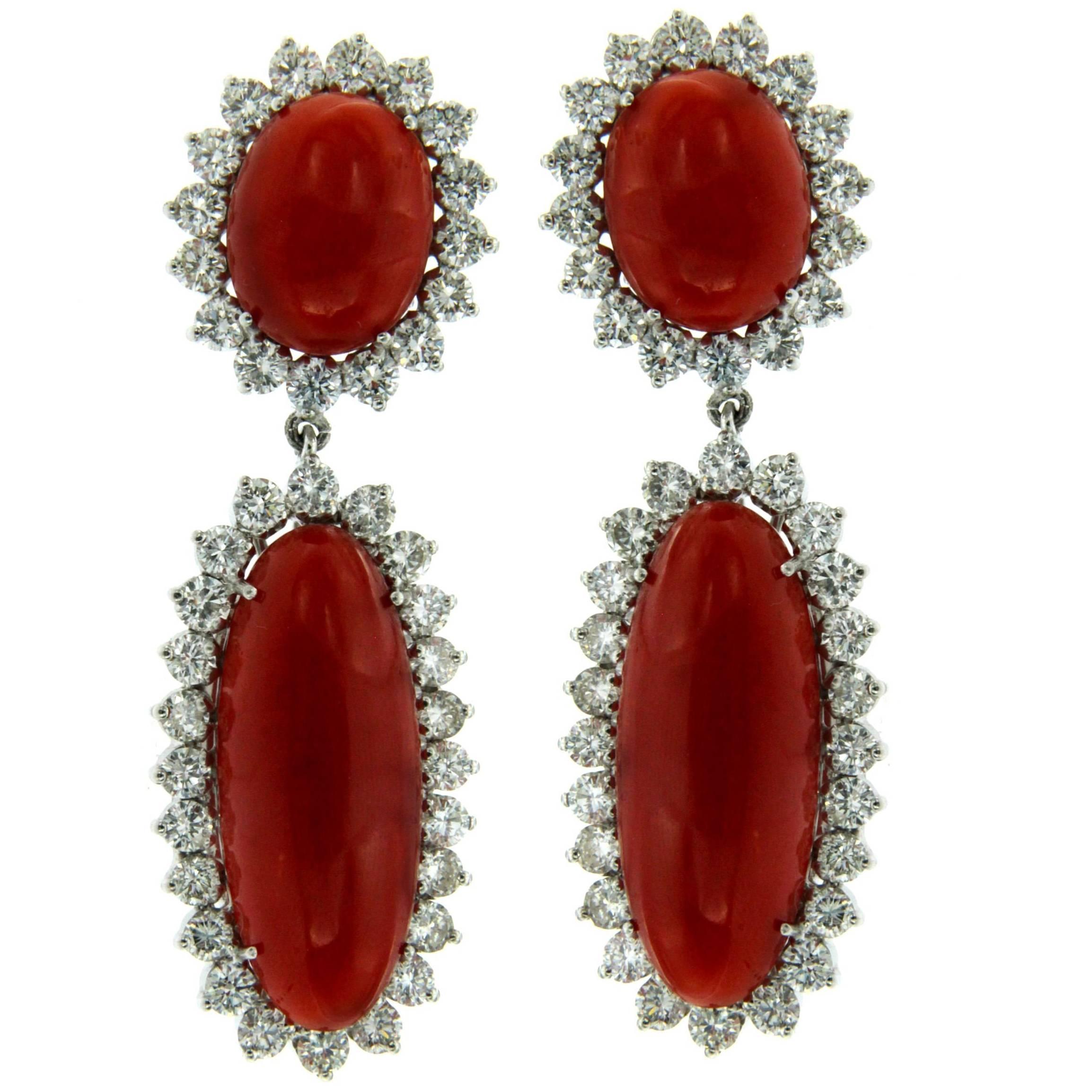 Diamond Coral Gold Drop Earrings