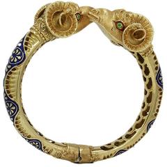 Yellow Gold Rams Head and Enamel Bangle Bracelet