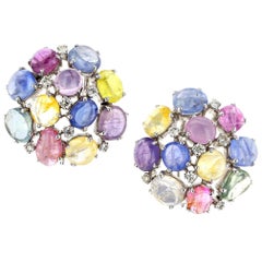Fancy Color Sapphire Diamond Cluster White Gold Earrings