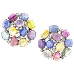 Fancy Color Sapphire Diamond Cluster White Gold Earrings 10