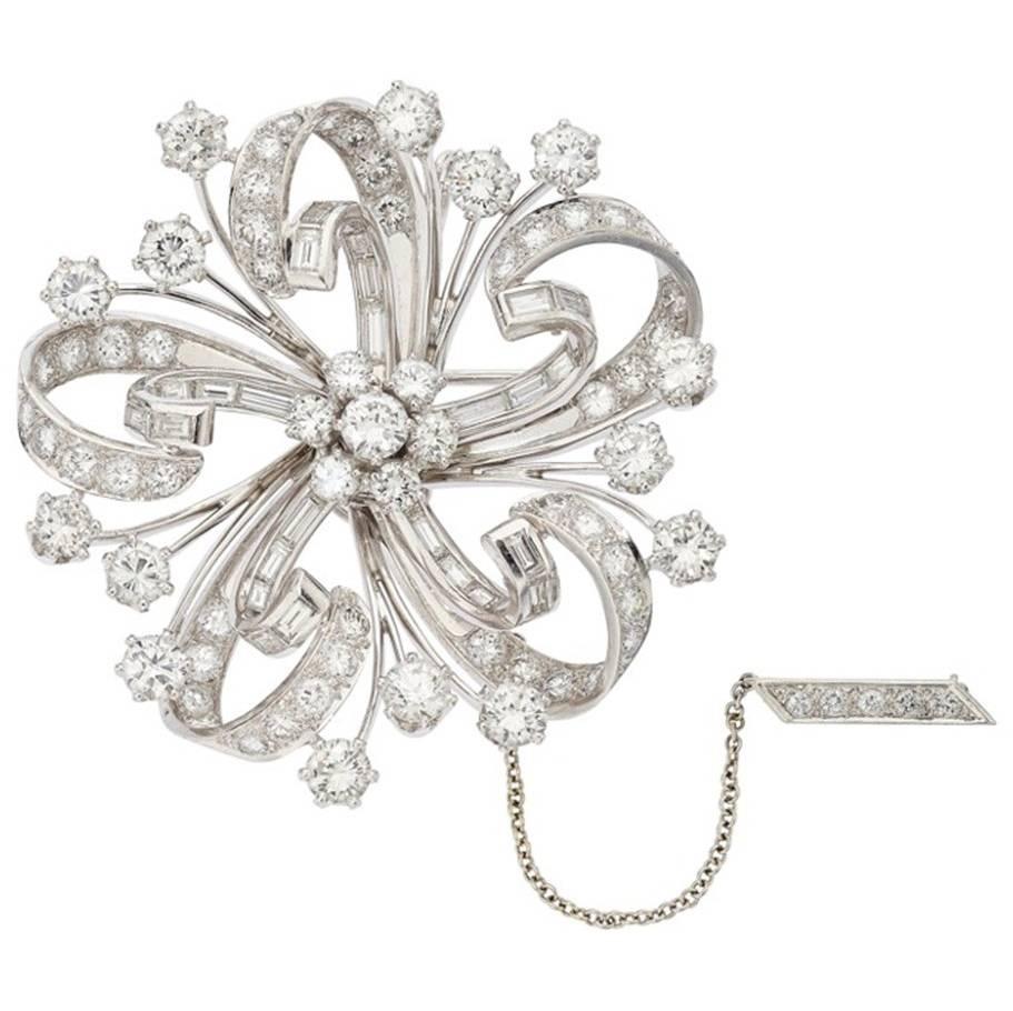 Estate Large Diamond Floral Platinum Pendant Brooch For Sale