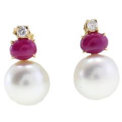 Vintage Luise Pearl Cabouchon Ruby & Diamond Earrings