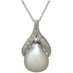 Retro 1950s Blister Pearl and Diamond White Gold Pendant