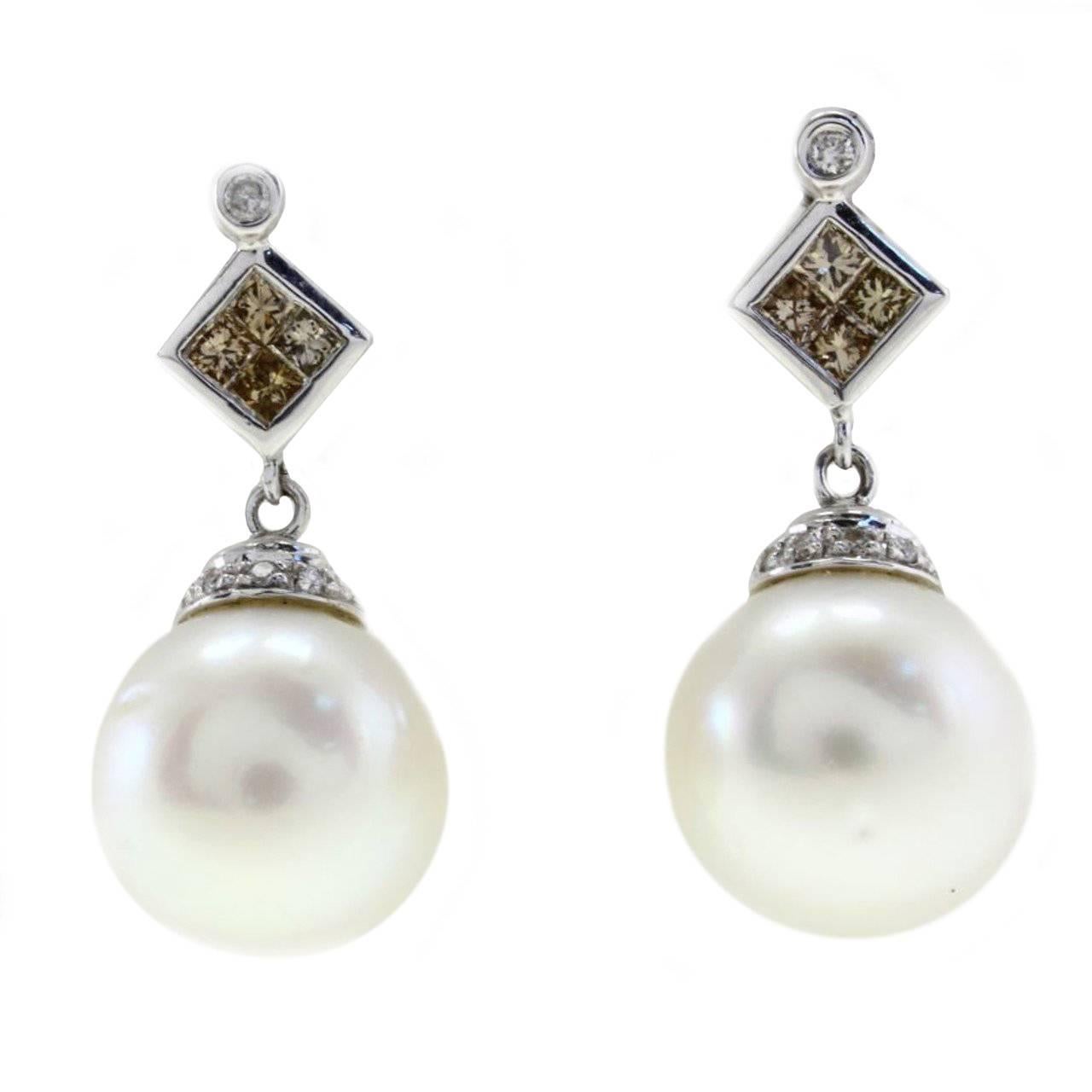 Fancy Diamond and Pearl Gold Earrings