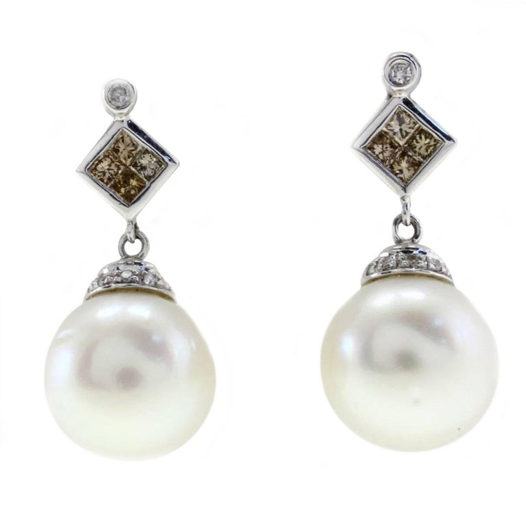 Fancy Diamond and Pearl Gold Earrings For Sale at 1stDibs