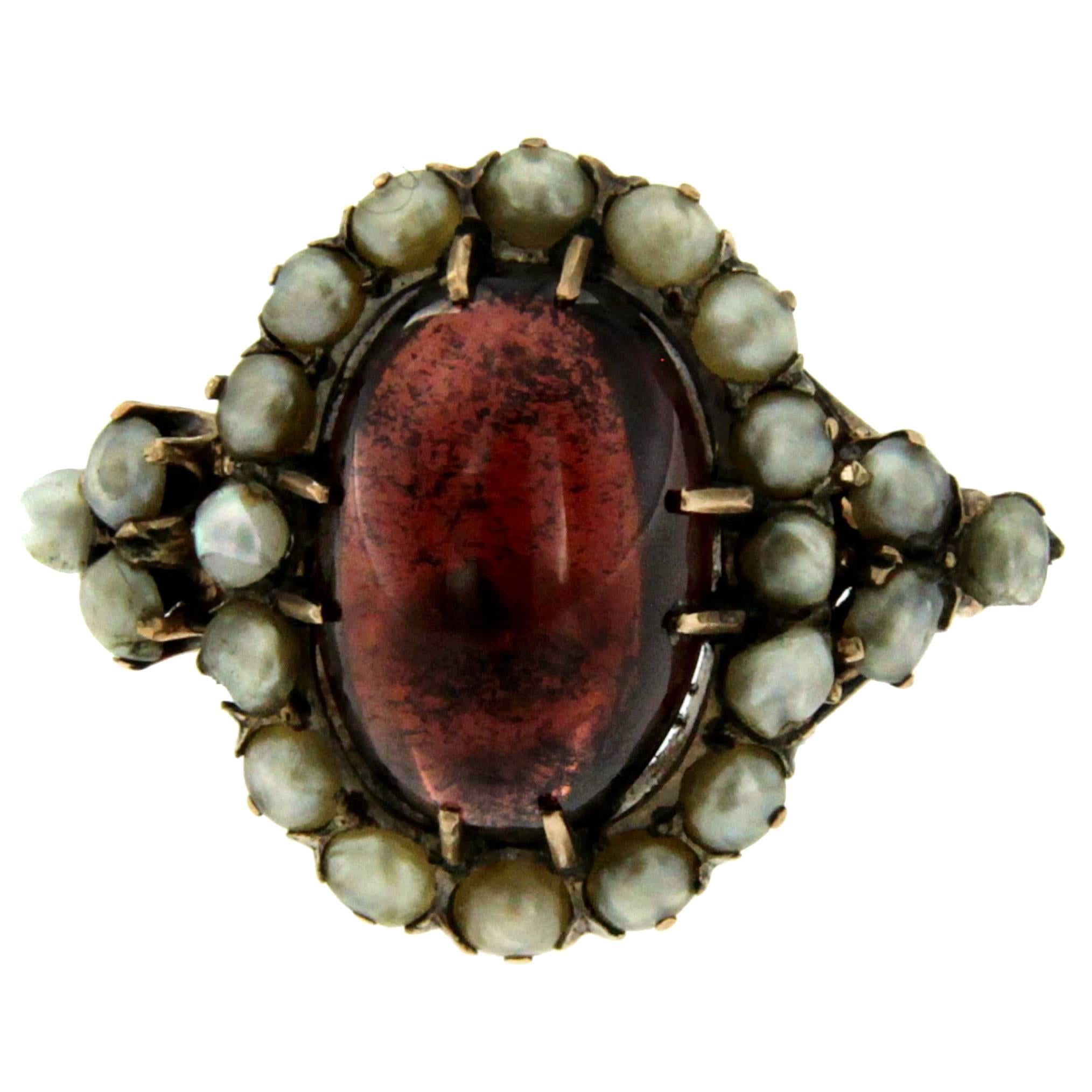 Victorian Garnet Bashra Pearl Gold Ring