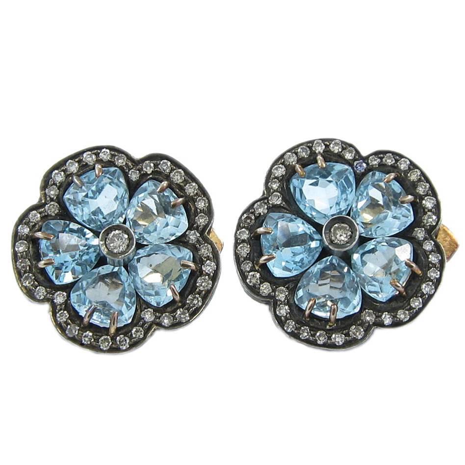 Diamond  Blue Topaz Flower Earrings For Sale