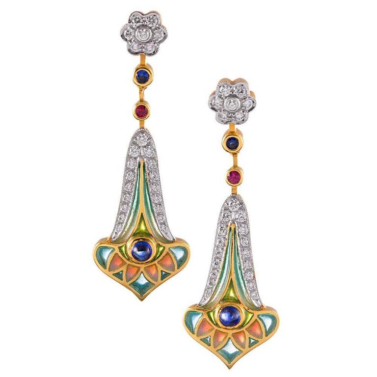 Masriera Plique a Jour Enamel Diamond Gemstone Earrings For Sale