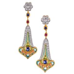 Masriera Plique a Jour Enamel Diamond Gemstone Earrings 