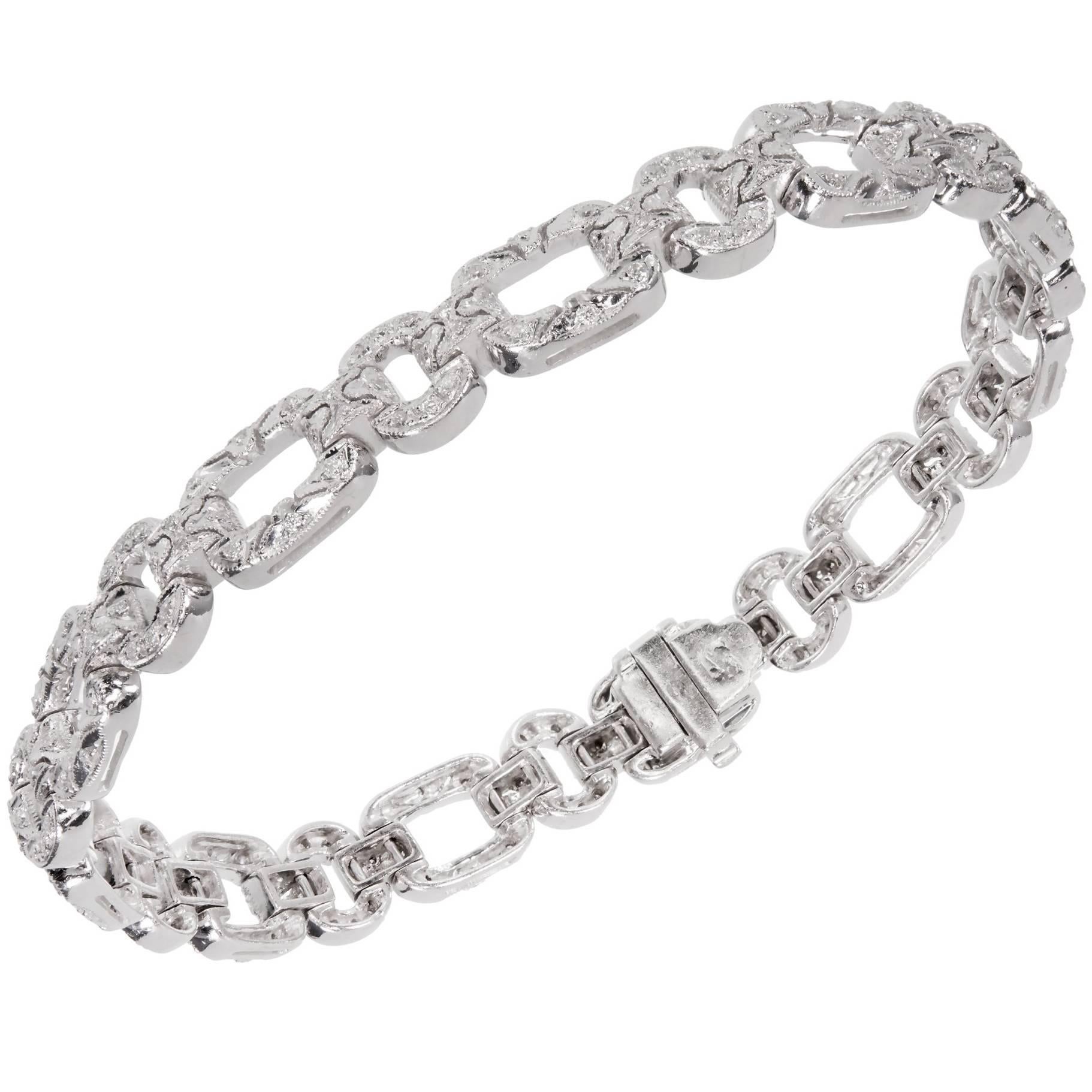 1.10 Carats Diamond Bead Set Hand Engraved Gold Link Bracelet For Sale