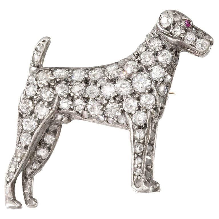 Edwardian Diamond Silver Gold Terrier Brooch
