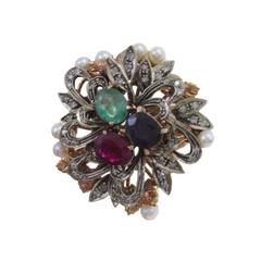 Luise Gold Silver Diamond Sapphire Ruby Emerald Pearl Cluster Ring 1