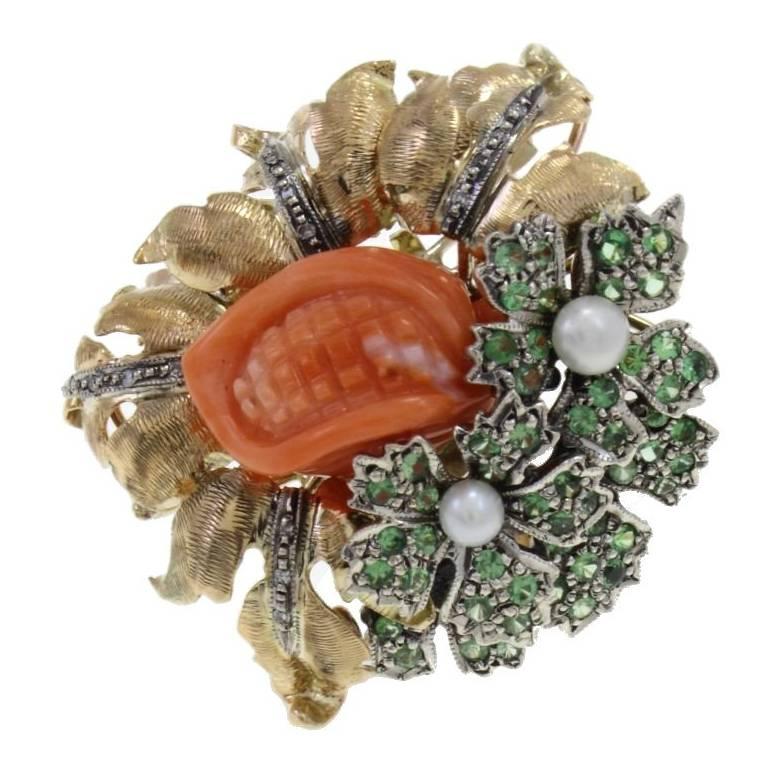 Gold and Silver Diamond Tsavorite Pearl Coral Cocktail Ring For Sale