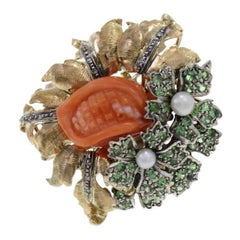 Vintage Gold and Silver Diamond Tsavorite Pearl Coral Cocktail Ring