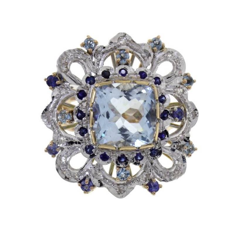  Gold Diamond Sapphire Aquamarine Cocktail Ring