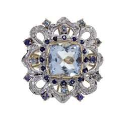 Gold Diamond Sapphire Aquamarine Cocktail Ring