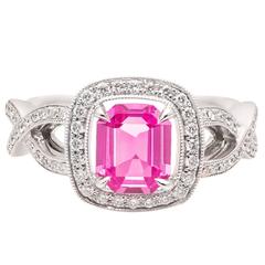 Natural Pink Sapphire Diamond White Gold Halo Engagement Ring 1