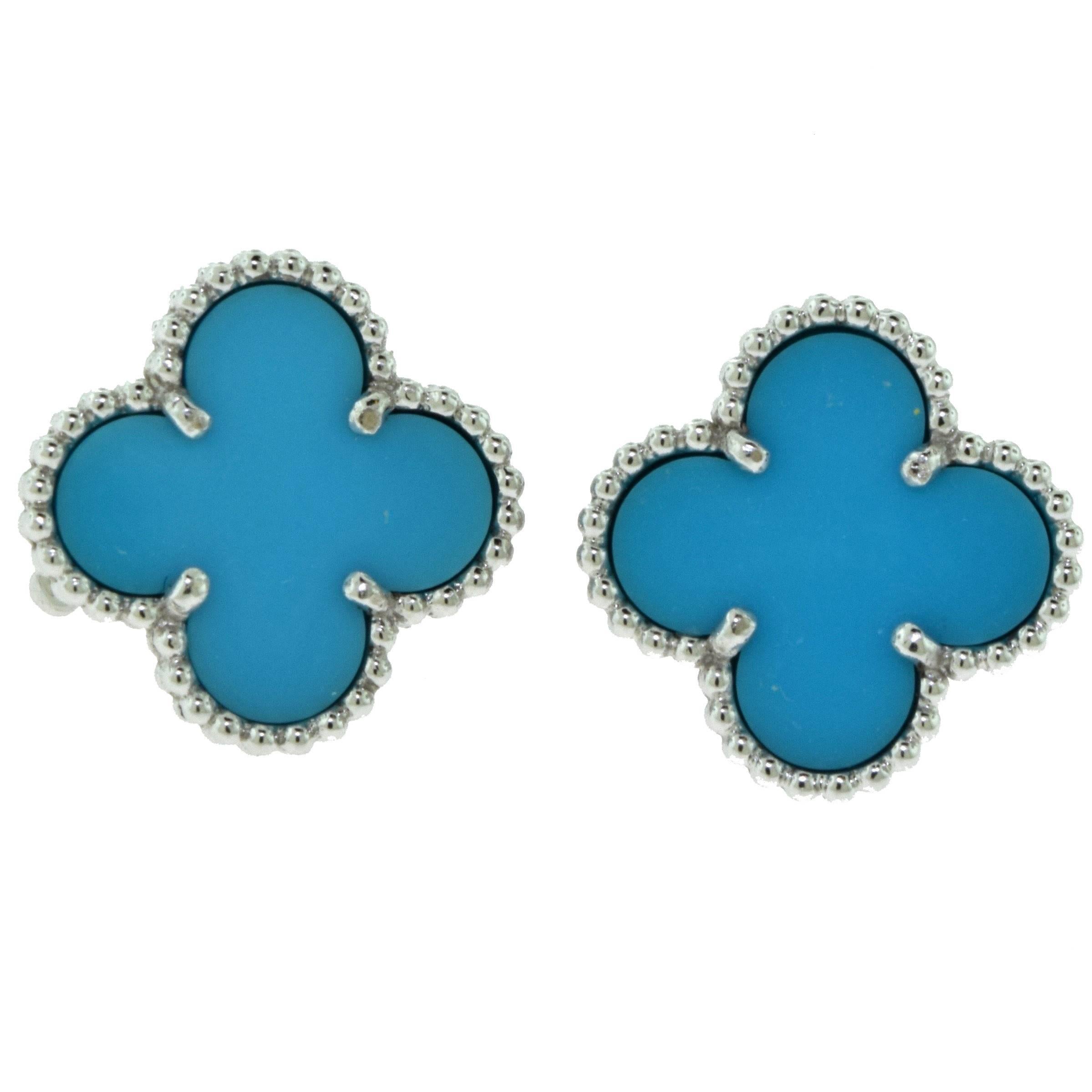 Van Cleef & Arpels Turquoise Vintage Alhambra Earrings in 18 Karat White Gold For Sale