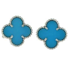 Van Cleef & Arpels Turquoise Vintage Alhambra Earrings in 18 Karat White Gold