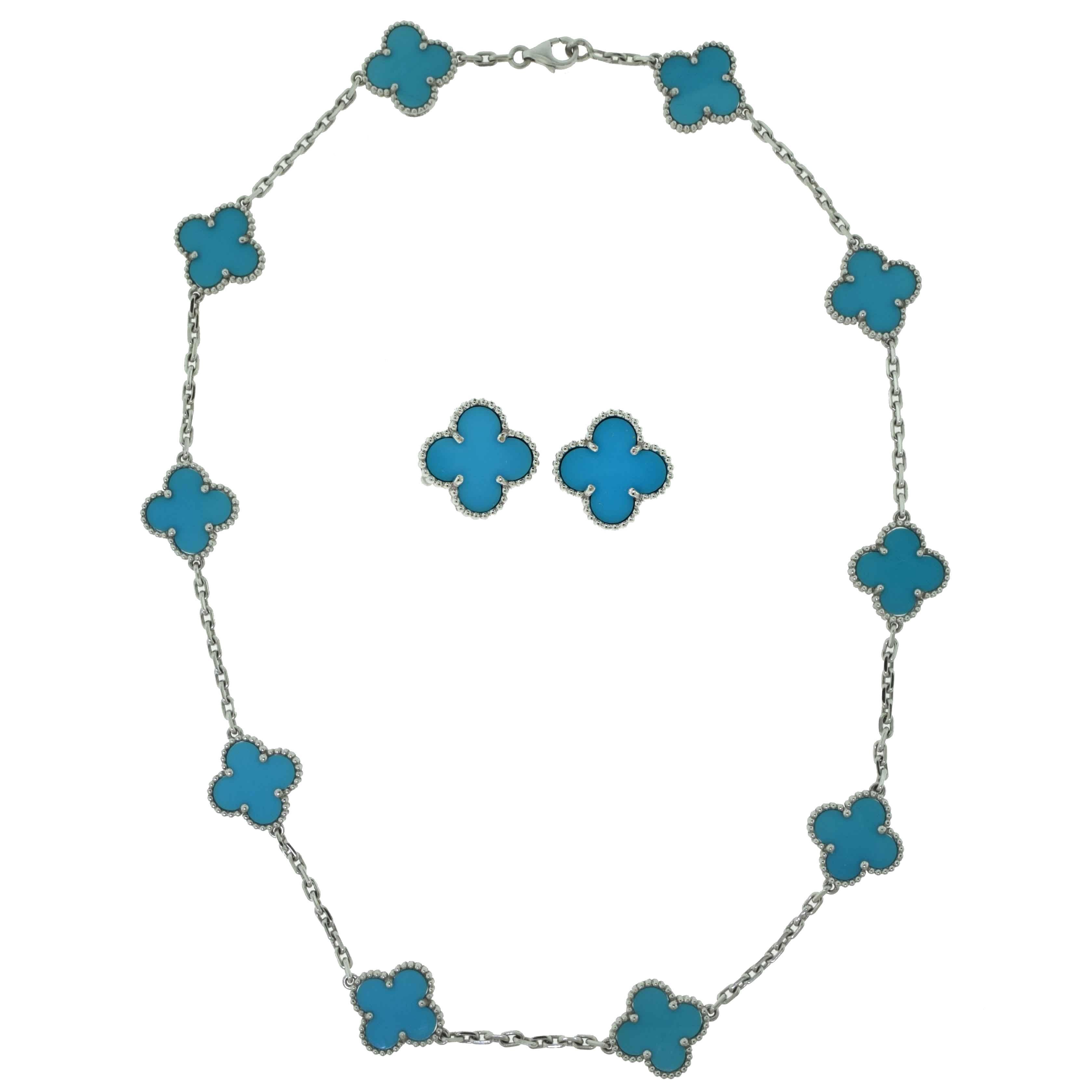 Van Cleef & Arpels Turquoise Vintage Alhambra Necklace & Earring Two Piece Set For Sale