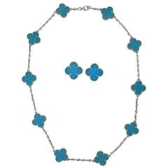 Van Cleef & Arpels Turquoise Vintage Alhambra Necklace & Earring Two Piece Set