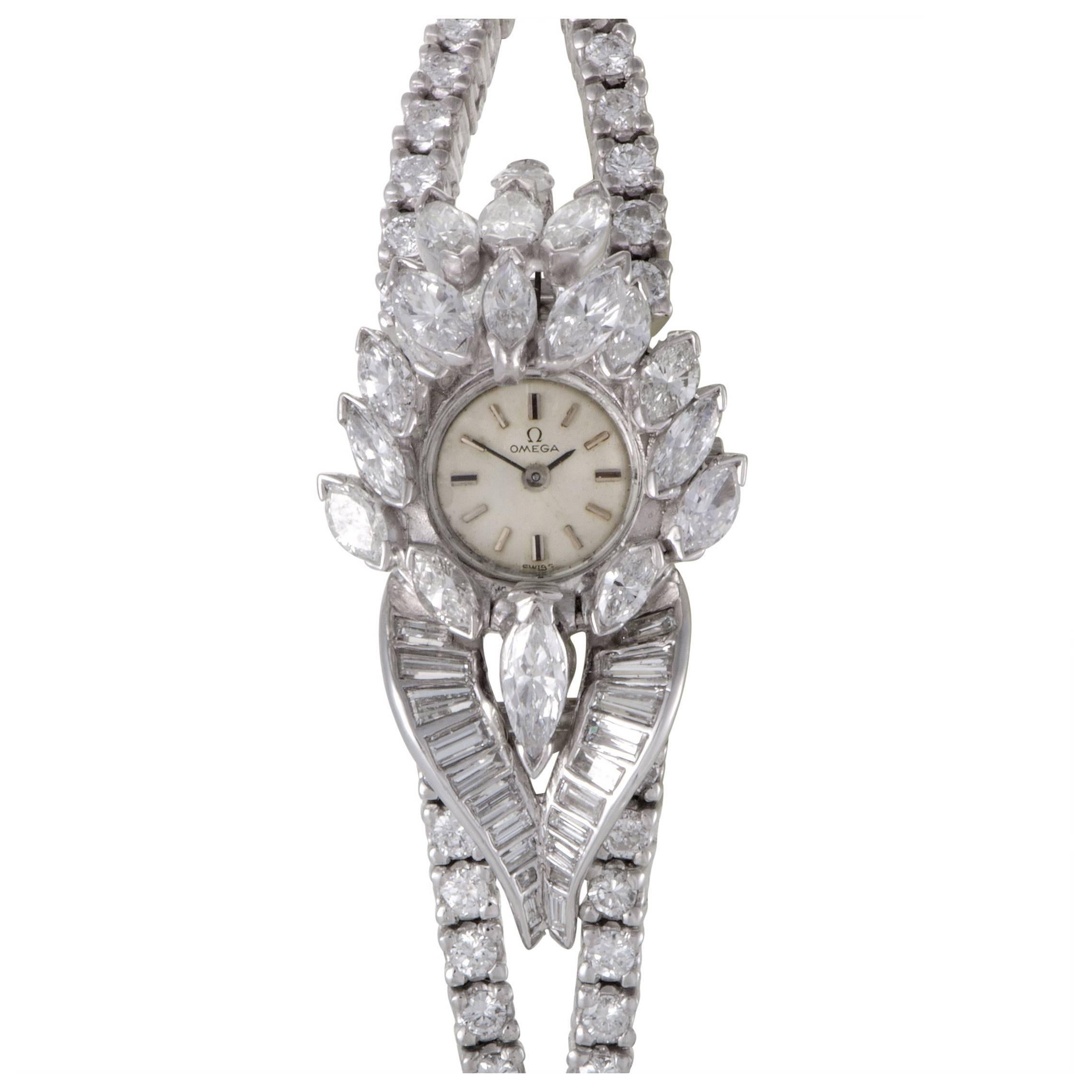 Omega Ladies Platinum Full Diamond Pave Quartz Bangle Wristwatch