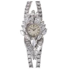 Vintage Omega Ladies Platinum Full Diamond Pave Quartz Bangle Wristwatch